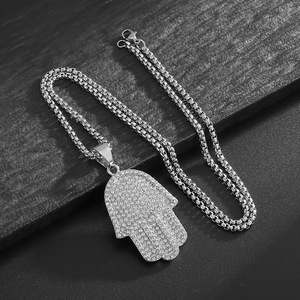 Titanium Steel Hamsa <b>Hand</b> Pendant Necklace Pave Setting Stainless Steel Unisex Gift Jewelry - Product Image 4