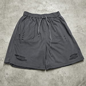 Shorts en coton délavé pour homme, taille élastique avec cordon de serrage, style streetwear décontracté, couleur unie - Product Image 3