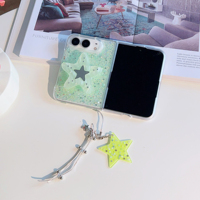 Étui de luxe scintillant en forme d'étoile pour iPhone Duo 18 avec miroir de maquillage pliable, support et cordon perlé tendance