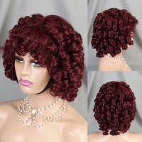 Perruque Bob Courte Ondulée Marron Sans Colle avec Frange, Cheveux Humains Naturels, Coupe Pixie, Entièrement Faite à la Machine pour Femmes