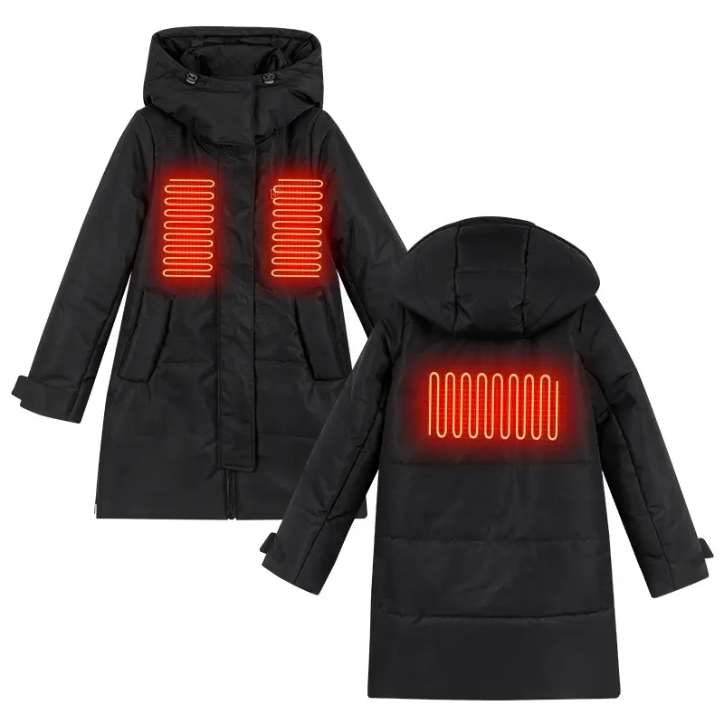 Cold Winter Waterproof Rechargeable Battery Mid Length Black Down Coat Heated Jacket Waistcoat For Men And Women