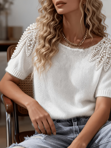 Haut en tricot <span class=keywords><strong>blanc</strong></span> duveteux pour femme avec appliques de feuilles de perles, <span class=keywords><strong>col</strong></span> <span class=keywords><strong>bateau</strong></span>, manches courtes, élégante chemise <span class=keywords><strong>pull</strong></span> - Product Image 4