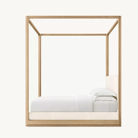 Lit à baldaquin élégant et moderne en chêne clair avec cadre à quatre poteaux, tête de lit capitonnée et sommier plateforme pour chambre à coucher, idéal pour l'ameublement de la maison, personnalisable OEM