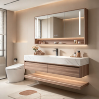 Meuble-lavabo flottant en bois massif, directement de l'usine, avec plan de travail en pierre frittée et miroir intelligent LED, idéal pour hôtels