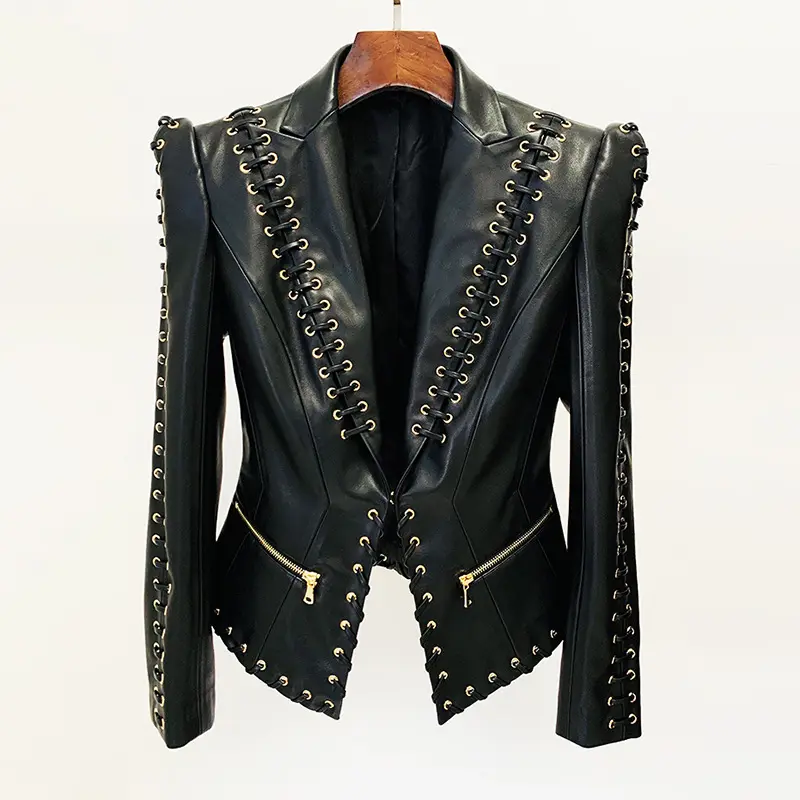 Top Quality Luxury Women Long Sleeve Hollow Out Celebrity Leather Runway Jackets