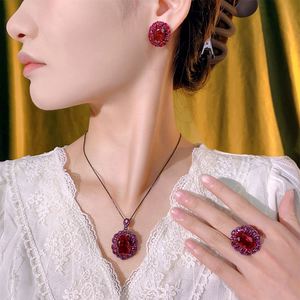 Fashion 13*18-10-12mm Red Zircon Black Gold Plated Eco-friendly Copper Vintage Pendant <b>Earring</b> <b>Set</b> Women's Zirconia Jewelry <b>Sets</b> - Product Image 6