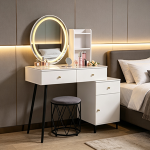 Modern Minimalist Solid Wood Makeup <b>Vanity</b> Lighted Oval Mirror Storage Drawers Stool Dressing <b>Table</b> White Customizable Design - Product Image 4