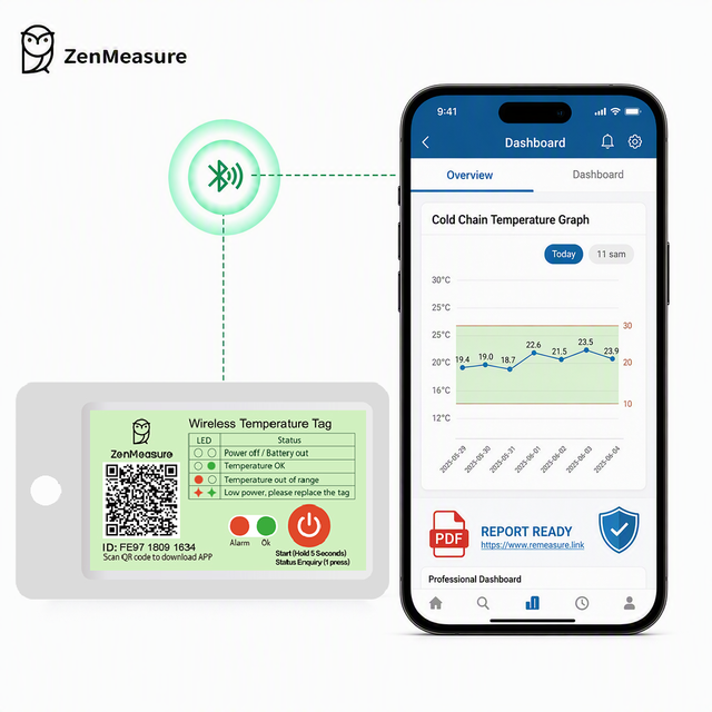ZenMeasure Fresh Food Transport  Tag, Alternative to USB Logger, PDF CSV Data Export, IP67 Wireless Data Logger