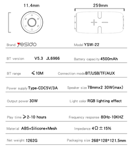 Yesido 30W công suất cao năng động hiệu ứng ánh sáng gây sốc bass ngoài trời di động không dây BT Loa ysw22 - Product Image 5