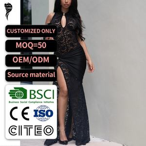 Nuevo Estilo 2026 Vestido Largo de Gala Formal para Mujer, Negro, de Encaje, con Cuello Halter, Escote Ojo de Cerradura, Cintura Torcida de Satén y Dobladillo Sirena con Abertura Alta - Product Image 1