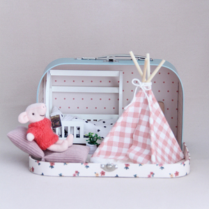Portable Dollhouse Suitcase Miniature Bedroom Play set Wooden Bunk Star <strong>Bedding</strong> Gingham Teepee Rug Pretend Play - Product Image 4