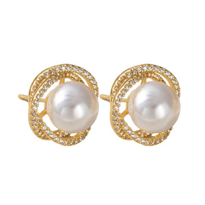Boucles d'oreilles clous géométriques en perles avec incrustation de zircon, or 14 carats, bijoux de mode pour mariage - Product Image 5