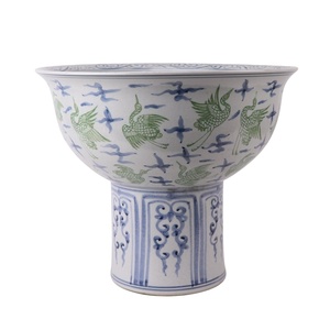 Macetas de Cerámica de Pedestal Alto RZSX111-F de Jingdezhen, Diseño de Grullas Antiguas en Azul y Verde, Tazón Grande de Porcelana - Product Image 1