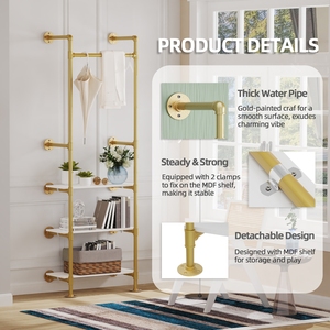 Estante de ropa de tubería industrial Unho: estante de ropa montado en la pared con estantes blancos de 3 niveles estante de ropa dorado para armario vestidor - Product Image 2