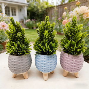 Ensemble de jardinières en céramique texturée avec fausses plantes - Décorations intérieures/extérieures - Product Image 2