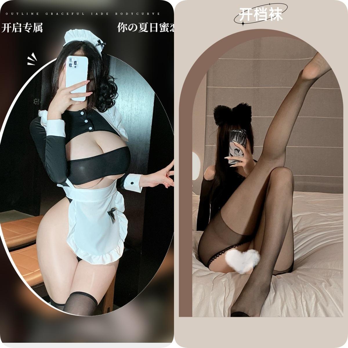 Black and White Maid Outfit + Black Open Crotch Stockings