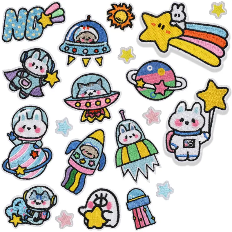 Embroidered cloth stickers clothes patch cartoon pattern spaceship patch stars embroidery hot melt patch