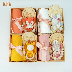 Cotton Bedding Blanket Crochet Baby Set Hamper Bodysuit Welcome Home Baby Gift Sets Newborn Rattle Teether Box