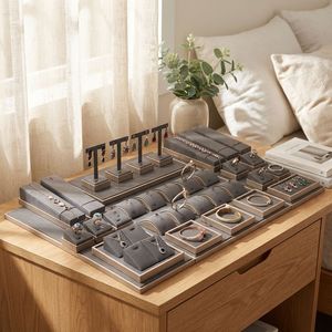 OEM Custom Holder Color PU <b>Leather</b> Wooden Ring <b>Bracelet</b> Chain Display Jewelry Display Stand Sets for Store - Product Image 5