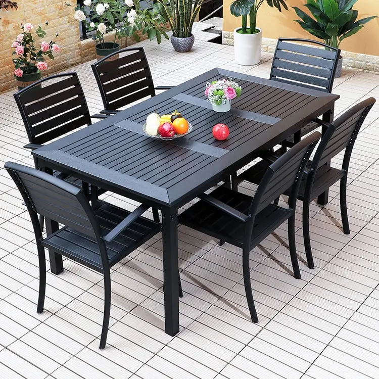 Moderne Buitentafels En Stoelen Nieuwe Hot Sale Black Outdoor Dining Set Terrasmeubilair Plastic Houten Tuintafel 4 Tot 6 Personen