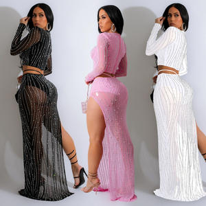 IHOOV महिलाओं की लंबी आस्तीन वाली टॉप हॉट डायमंड ड्रेस मनके लंबी स्कर्ट दो पीस सेट - Product Image 2