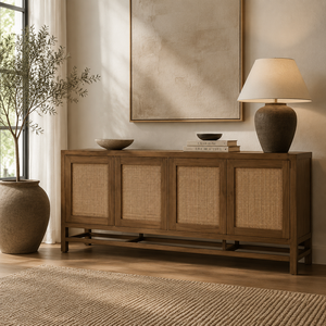Buffet moderne de luxe 68 pouces avec portes <span class=keywords><strong>en</strong></span> fibre tressée et bois vieilli pour projets de villas et d'hôtels - Fabricant OEM/ODM - Product Image 2