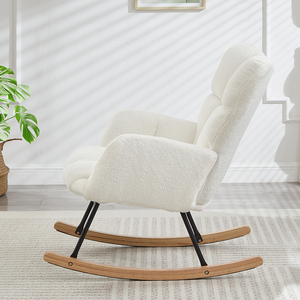 Fauteuil à bascule moderne et portable pour salon, rembourré en tissu Teddy capitonné avec pieds en bois, fauteuil d'appoint blanc ivoire - Product Image 4