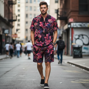 Ensemble deux pièces décontracté pour <span class=keywords><strong>homme</strong></span> : chemise à manches courtes imprimée et short – <span class=keywords><strong>Tenue</strong></span> d'été personnalisée pour usine de vêtements - Product Image 3