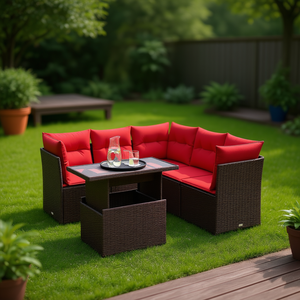 ชุดโซฟาสวนหวายโพลีสีน้ำตาล 6 ชิ้นพร้อมเบาะรองนั่งเฟอร์นิเจอร์กลางแจ้งสไตล์ร่วมสมัย - Product Image 2