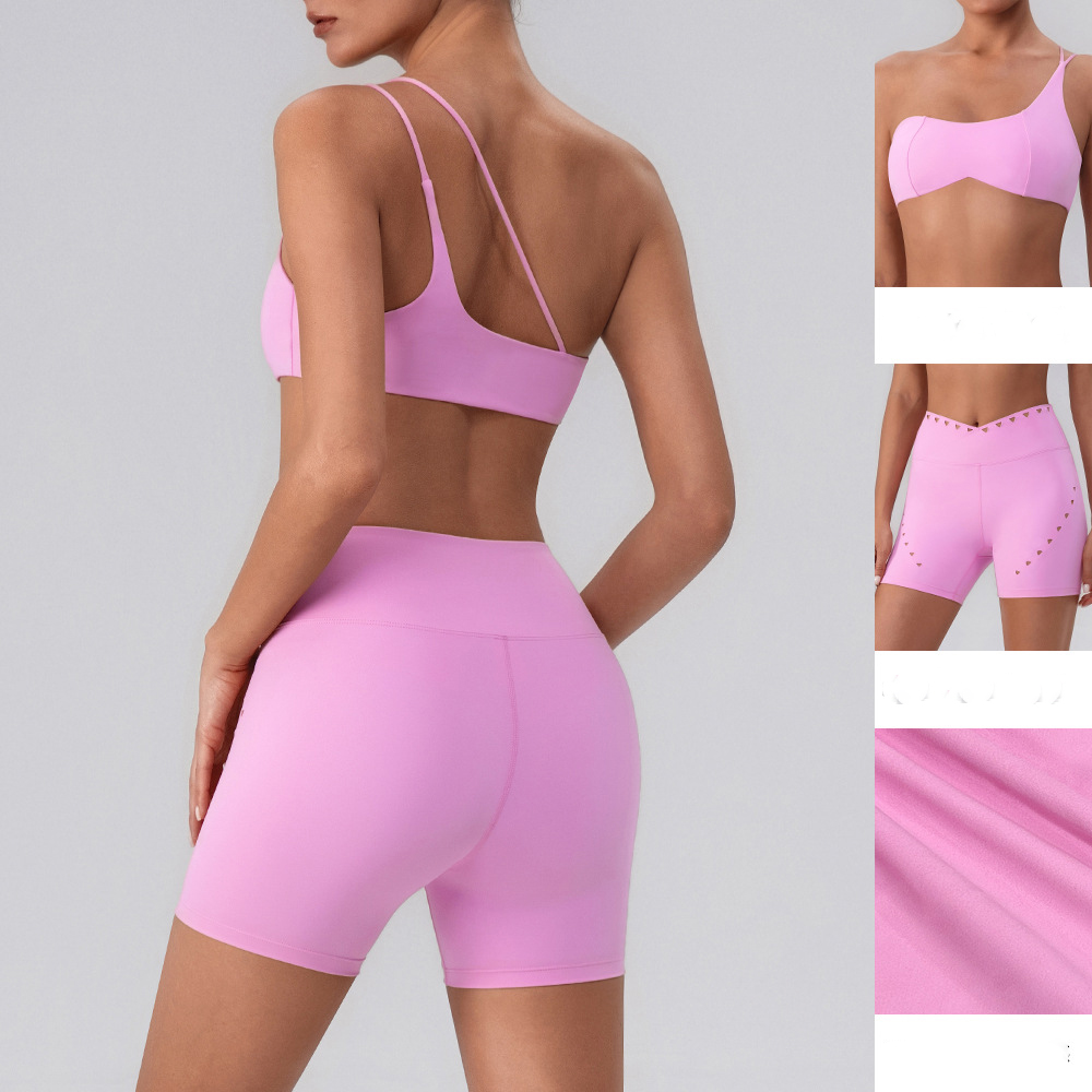 Quick Drying Herringbone Shoulder Top with Chest Cushion,seamless Yoga Suit Shorts,V-waist Two-piece Set