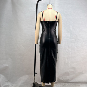 Vestidos de cuero sintético ajustados con abertura y cuello halter para mujer, a la moda - Product Image 6