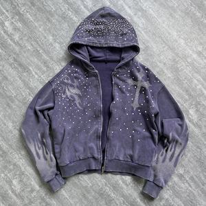 Sudadera con Capucha de Felpa Francesa Lavada Estilo Urbano para Hombre, Personalizada, 500 Gsm, Gruesa, de Algodón, Talla Grande, con Cierre de Cremallera y Pedrería - Product Image 1