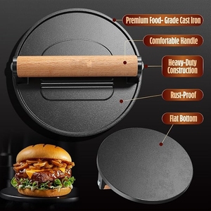 Smash Burger Press Smasher de hierro fundido pre-sazonado Smasher 2 lb Heavy-Duty Grill <span class=keywords><strong>Bacon</strong></span> Meat Press Tool con mango de madera - Product Image 2