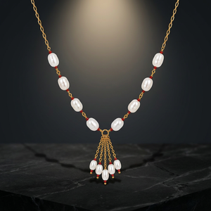 Collar de Latón Italiano con Baño de Rodio Personalizado, Perlas de Agua Dulce en Forma de Bola, Borla en Cascada, Cadena de Eslabones, Lujoso para Novias - Product Image 4