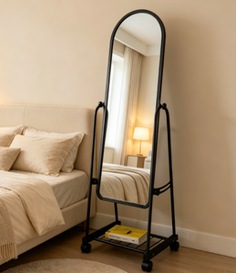 <b>Arched</b> Full Length Floor Mirror Adjustable Standing Vanity Mirror With Wheels Storage Shelf for Bedroom Dressing Room - Product Image 2