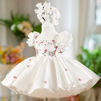 Nouvelle robe de princesse rose pour filles avec manches bouffantes, broderie florale 3D, robe de bal en tulle pour demoiselle d'honneur