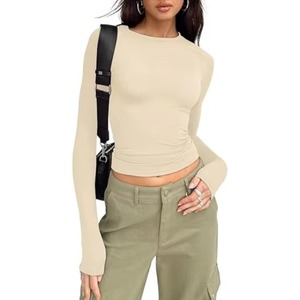 T-shirt Crop Trendy da <span class=keywords><strong>Donna</strong></span> con Vita Scoperta, Sottogiacca Sottile a Maniche Lunghe Elasticizzata, Top Basico Aderente - Product Image 5