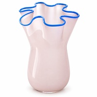 Vase en verre rose fait main avec bord bleu, vase à fleurs ondulé festonné pour décoration de centre de table
