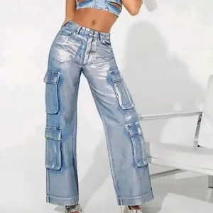 Multiple Pockets Baggy Denim Trousers Streetwear Pants Stretchy Loose Denim Wide Leg Straight Trousers Ladies Silver Cargo Jeans