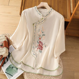 Traditional Chinese Embroidered Shirt Women Cotton Linen Stand Collar Three Quarter Sleeve Pullover Top - Product Image 1