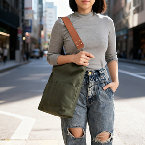 Zhyd กระเป๋าผ้าใบเคลือบแวกซ์ที่ทนทานมีซิปสะพายข้างพร้อมสายหนัง - Product Image 6