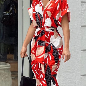 Vestidos Midi de Verano para Mujer al por Mayor, Personalizados, de Moda, de Cintura Alta, Estampados, de Manga Corta con Cuello Vuelto y Lazo - Product Image 3