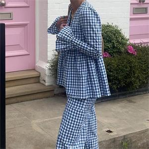 <b>Tie</b> Flare Long Sleeve Puffy Shirt Drawstring Pants Women's Plaid Printed 2 Piece <b>Set</b> Fashion - Product Image 2