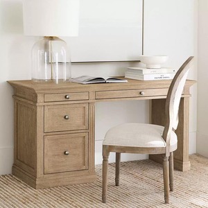 French Country <b>Solid</b> Oak Writing <b>Desk</b> Weathered Finish Traditional Home Office Pedestal <b>Desk</b> With 5 Storage Drawers - Product Image 1