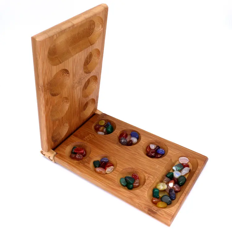 पोर्टेबल Foldable लकड़ी के बोर्ड लकड़ी Mancala बोर्ड खेल सेट के साथ ग्लास Mancala पत्थर
