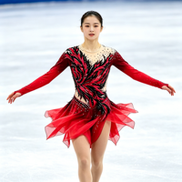 Robe de patinage artistique à imprimé flamme rouge et noir, manches longues, dos profondement ouvert, jupe ornée de strass pour compétition et performance des adultes et des enfants