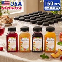 Lot de 150 bouteilles de jus en plastique transparent de 4 oz, contenants carrés en PET pour boissons, bouteilles avec bouchons pour bar, café, à emporter