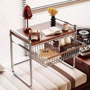 Stainless Steel Bedside Table With Storage <b>Basket</b> For Bedroom Nightstand - Product Image 2
