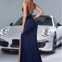D & M Robe de soirée élégante en forme de sirène avec strass pour femmes, grande taille, col en V, sirène drapée, robe de bal de luxe, paillettes