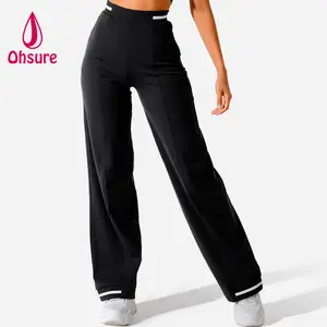 Pantalon de jogging à jambe large avec poche zippée latérale à taille élastique et logo personnalisé Pantalon de survêtement d'entraînement de fitness pour femmes Taille moyenne tissée imprimée décontractée